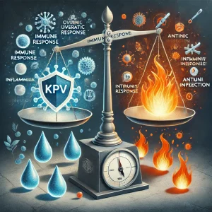 Conceptual image showing KPV extinguishing inflammation (illustrated as a flame) and bringing the immune system into balance (illustrated by a balanced scale or shield).