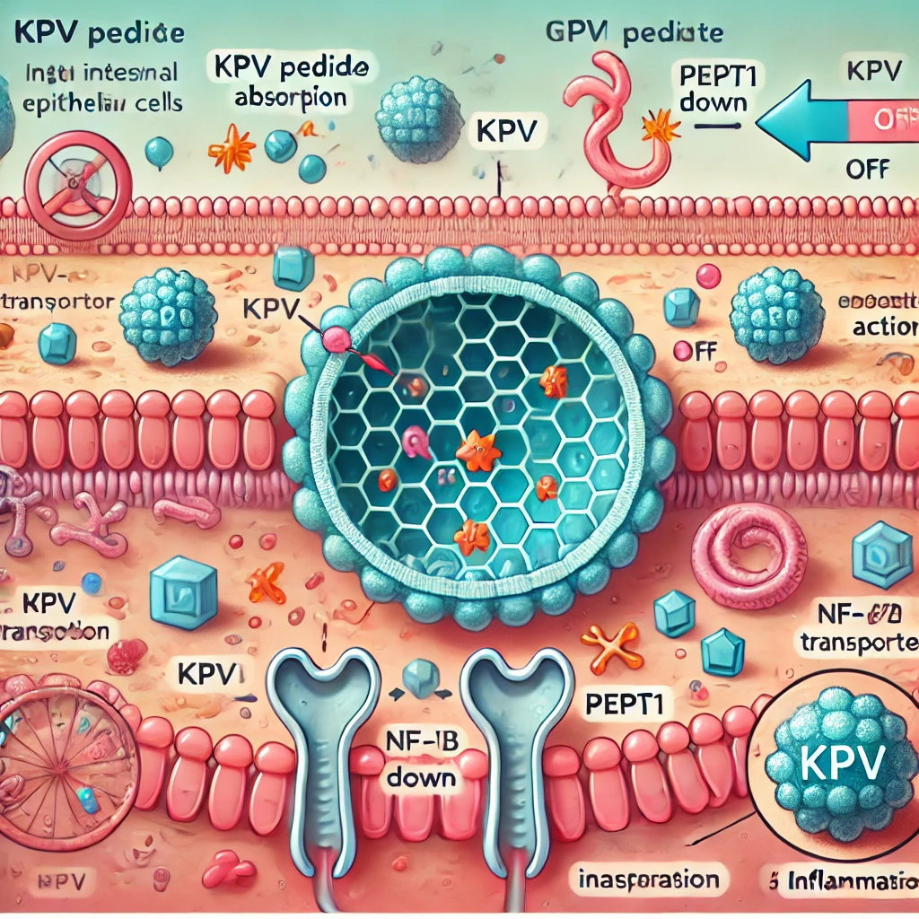 Diagram showing KPV peptides being transported into an intestinal cell via the PepT1 transporter and reducing inflammatory signals inside the cell.
