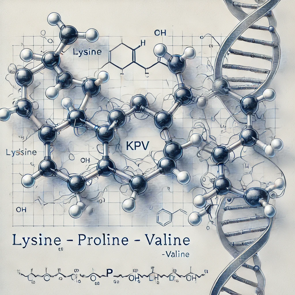 Molecular illustration of the KPV peptide (Lysine–Proline–Valine) showing its three amino acids connected in sequence.
