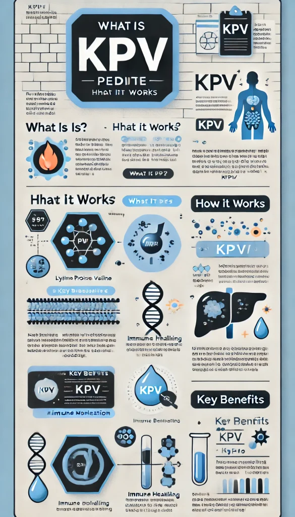 Infographic summarizing the KPV peptide – what KPV is, how it works (PepT1 transporter mechanism), and its benefits (anti-inflammatory, gut healing, immune modulation, antimicrobial).